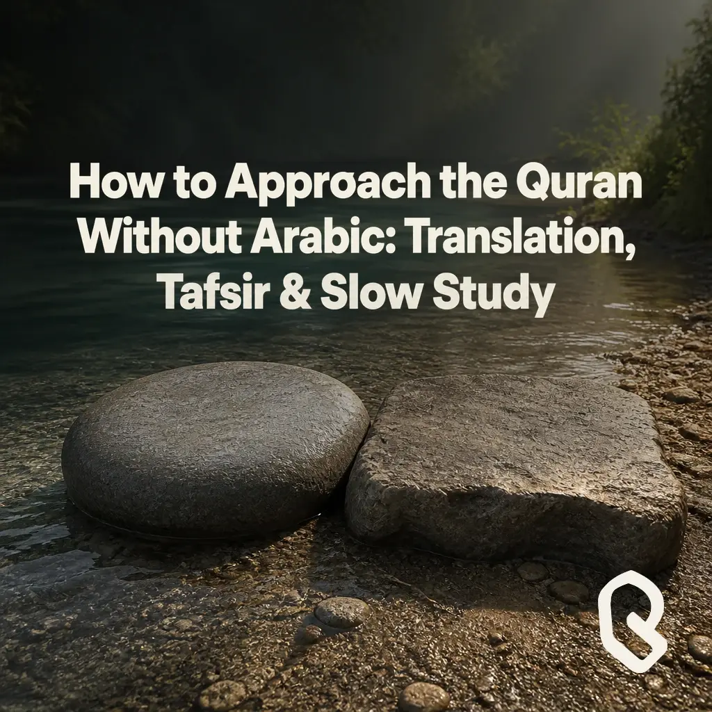 Artwork for “How to Approach the Quran Without Arabic: Translation, Tafsir & Slow Study”, a Reverts community recording.
